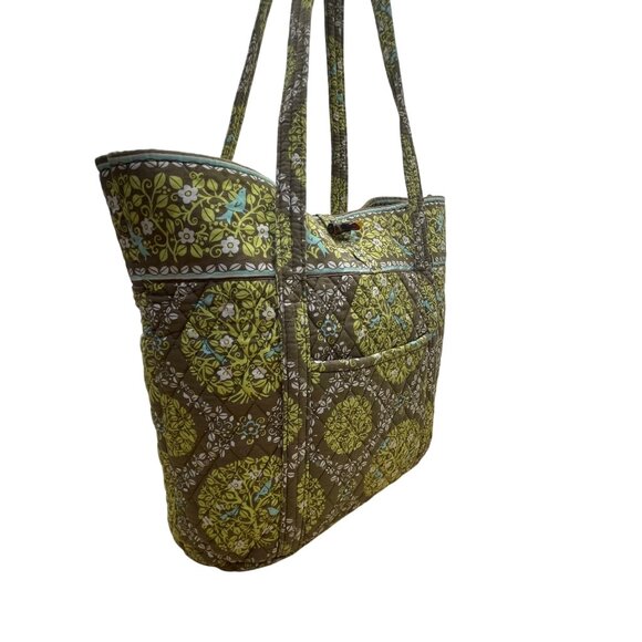 Vera Bradley Women’s Green Brown Quilted Floral Pattern Zipper Pocket Tote Bag - Picture 7 of 13
